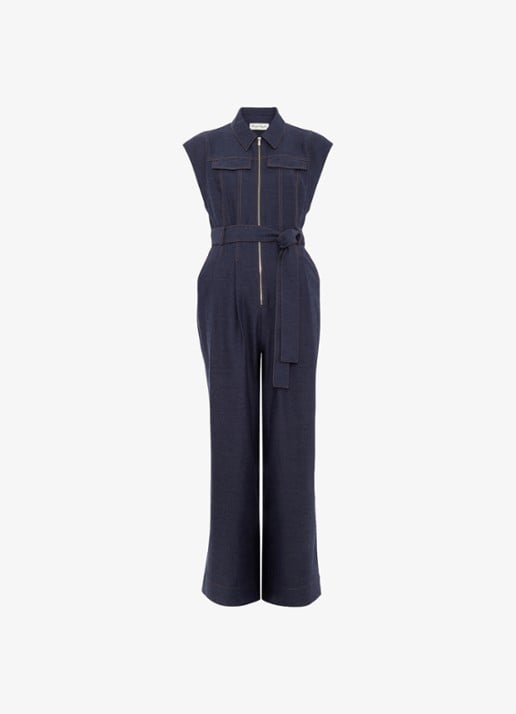 Phase Eight Luiza wide fit jumpsuit in linnenblend met strikceintuur - voorkant 4 donkerblauw