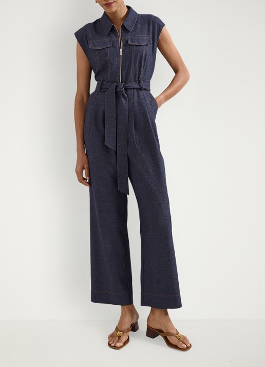 Phase Eight Luiza wide fit jumpsuit in linnenblend met strikceintuur - voorkant 5 donkerblauw