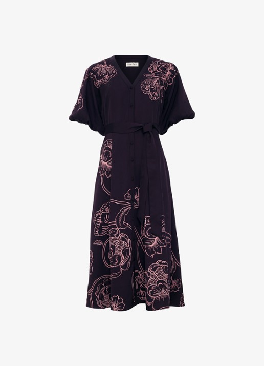 Phase Eight Mabel midi jurk met grafische print - voorkant 7 paars