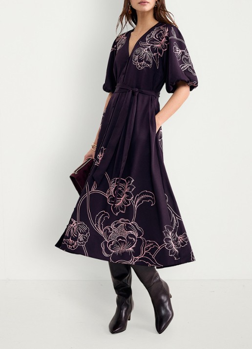 Phase Eight Mabel midi jurk met grafische print - voorkant 8 paars