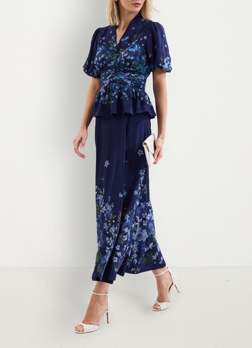 Phase Eight Maeve midi rok met bloemenprint - voorkant 3 donkerblauw