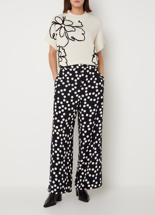 Phase Eight Mairead high waist wide fit pantalon met stippenprint - voorkant 4 donkerblauw