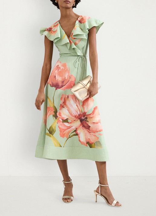 Phase Eight Matilda midi jurk in linnenblend met bloemenprint - voorkant 2 groen