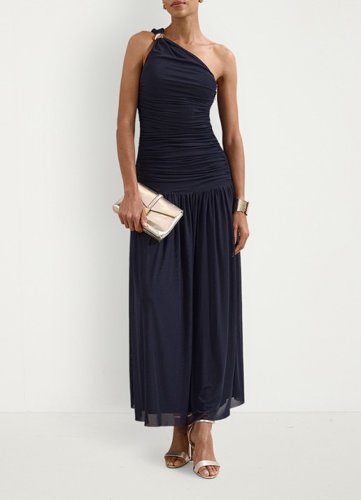 Phase Eight Melina one shoulder maxi jurk met plooidetail - voorkant 3 blauw