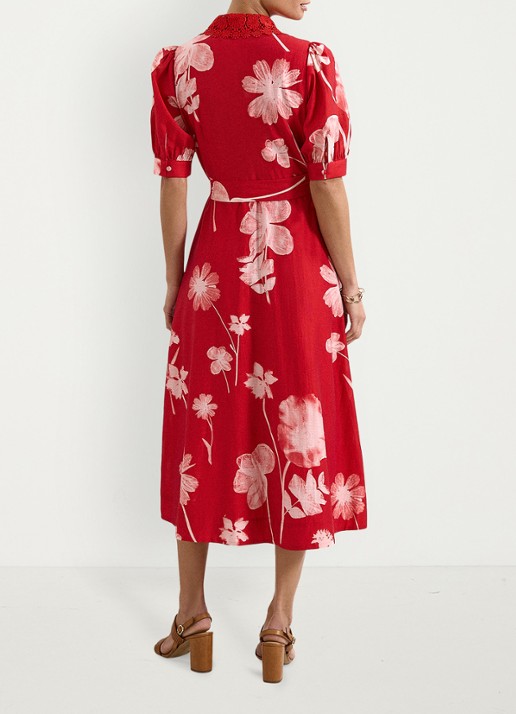 Phase Eight Midi jurk met bloemenprint en strikceintuur - achterkant rood