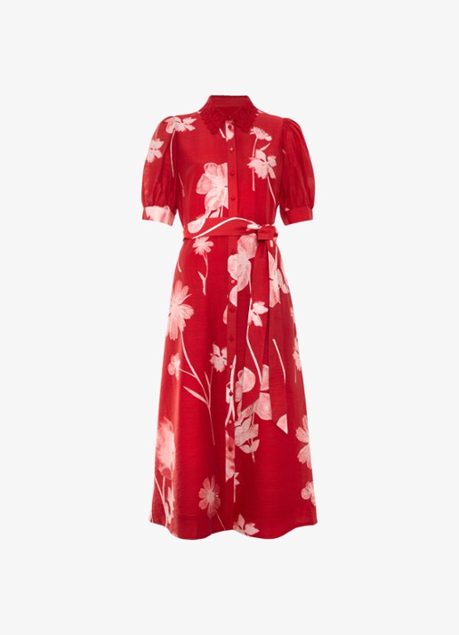 Phase Eight Midi jurk met bloemenprint en strikceintuur - voorkant 2 rood