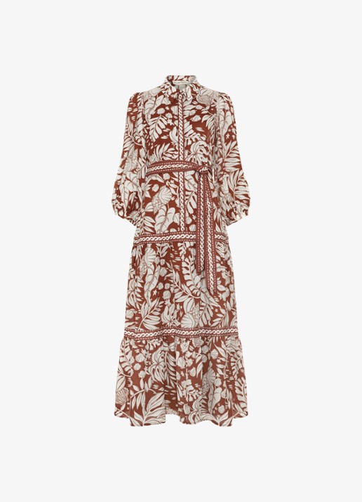 Phase Eight Midi jurk met strikceintuur en print - voorkant donkerrood
