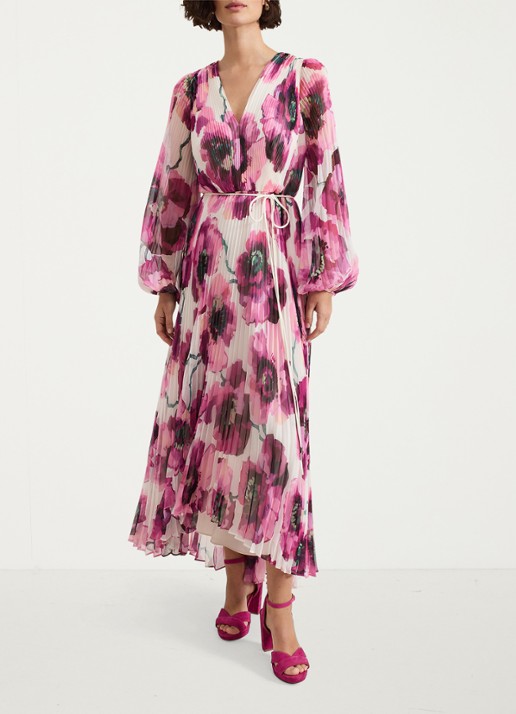 Phase Eight Natalia midi jurk met plissé en asymmetrische zoom - voorkant 2 donkerroze