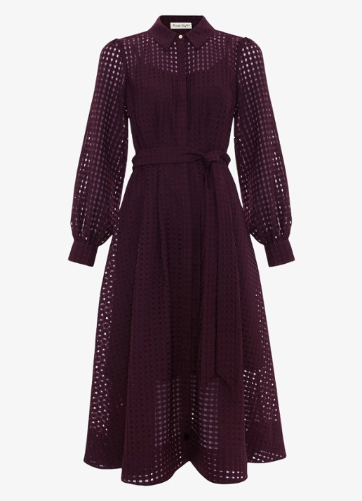 Phase Eight Natalie midi blousejurk met strikceintuur - voorkant 6 donkerpaars