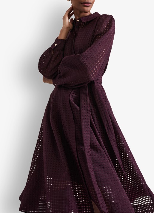 Phase Eight Natalie midi blousejurk met strikceintuur - voorkant 7 donkerpaars