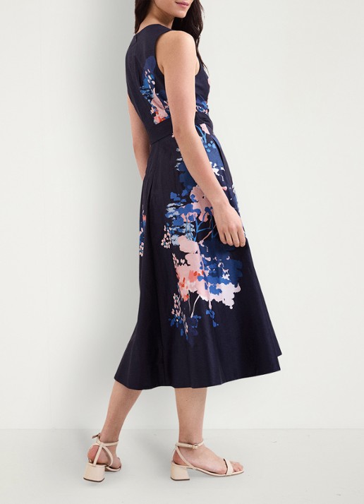 Phase Eight Natalya midi jurk met bloemenprint en strikceintuur - achterkant donkerblauw