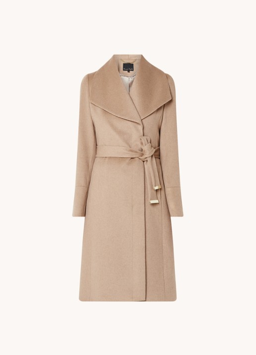 Phase Eight Nicci mantel in wolblend met strikceintuur - voorkant camel