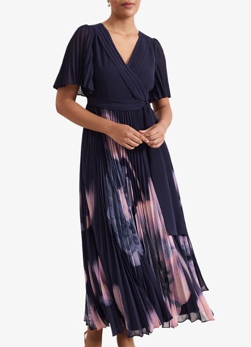 Phase Eight Petite Abigail maxi jurk met bloemenprint en plissé - voorkant 2 donkerblauw