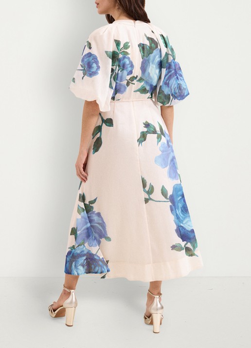 Phase Eight Petite Adeline midi jurk in linnenblend met bloemenprint - achterkant 3 blauw