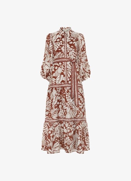 Phase Eight Petite Coralie midi jurk met strikceintuur en print - voorkant 2 donkerrood