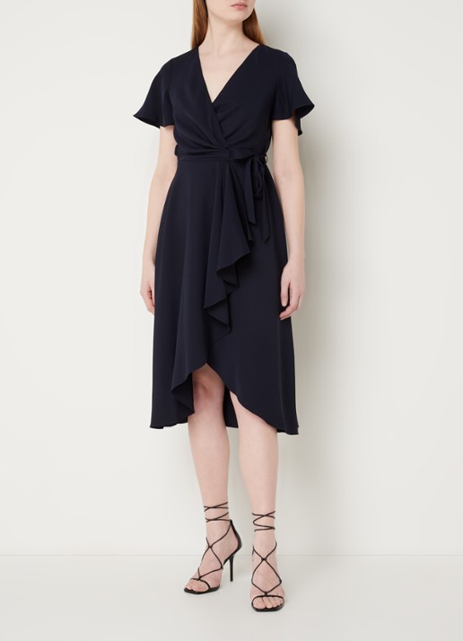 Phase Eight Petite Julissa midi wikkeljurk met volant en vlindermouw - voorkant 3 lichtblauw