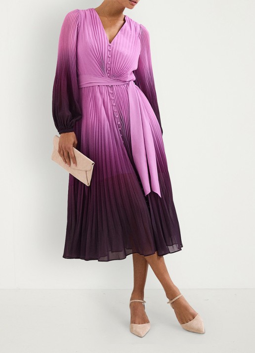 Phase Eight Petite Mira midi jurk met ballonmouwen - voorkant 3 paars
