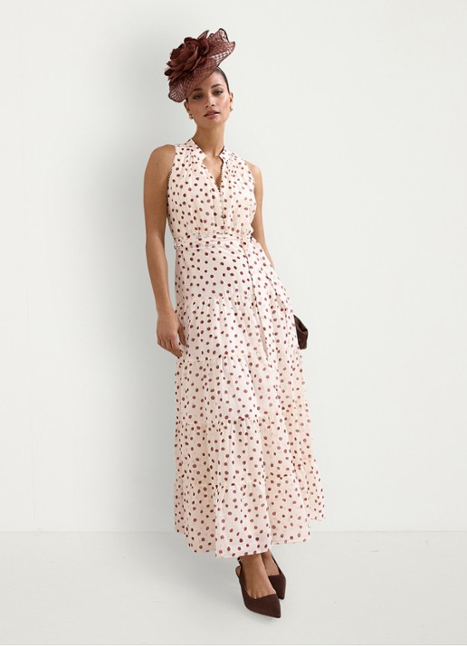 Phase Eight Petite Nita maxi jurk met stippenprint en strikceintuur - voorkant 8 gebroken wit