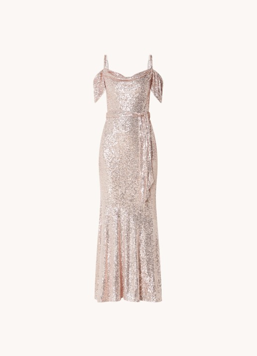 Phase Eight Poppy maxi jurk met pailletten en strikceintuur - voorkant 2 oudroze
