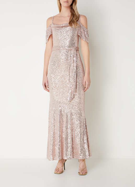 Phase Eight Poppy maxi jurk met pailletten en strikceintuur - voorkant 3 oudroze