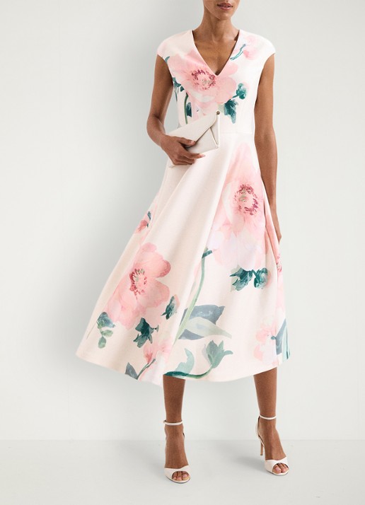 Phase Eight Rakhi Scuba Floral midi jurk met print - voorkant 8 oudroze