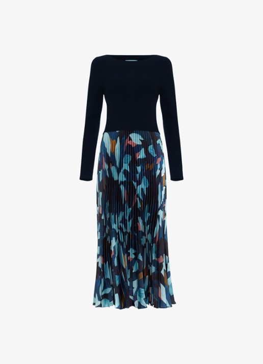 Phase Eight Riley fijngebreide midi jurk met bloememprint en plooien - voorkant multicolor