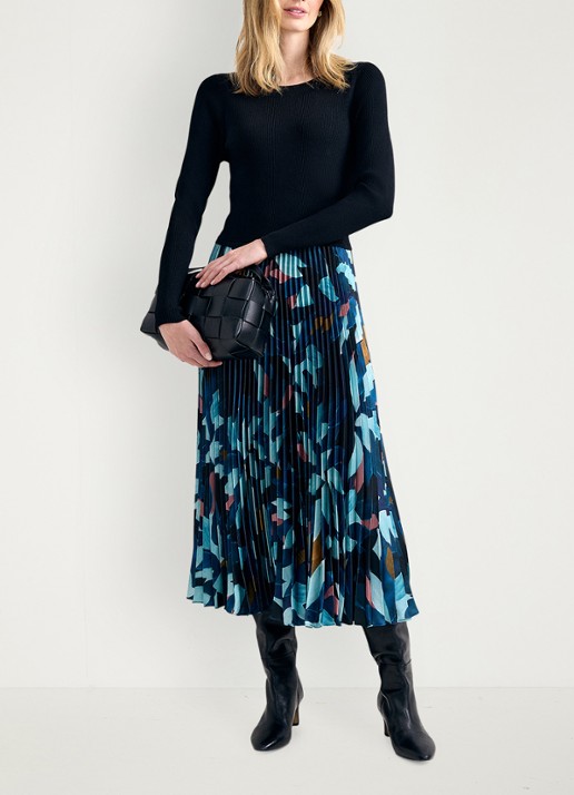 Phase Eight Riley fijngebreide midi jurk met bloememprint en plooien - voorkant 2 multicolor
