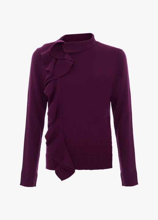 Phase Eight Robyn fijngebreide trui met volant - voorkant 7 aubergine