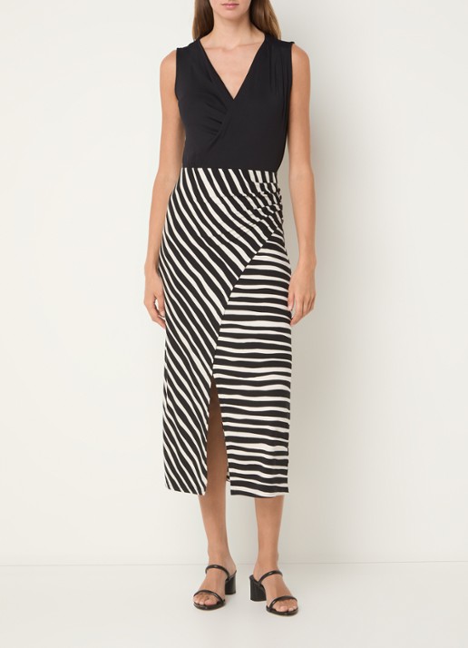 Phase Eight Rory midi rok met streepprint en split - voorkant 4 zwart