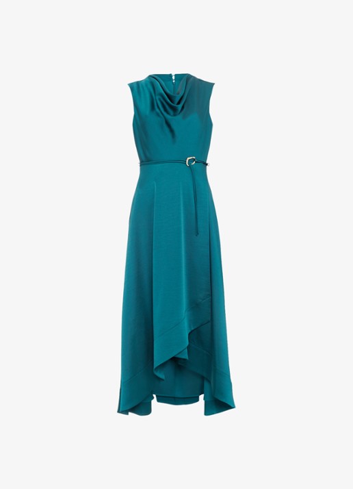 Phase Eight Sabrianna midi jurk met ceintuur en watervalhals - voorkant 7 petrol