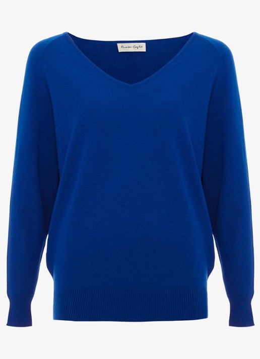 Phase Eight Senita fijngebreide trui met V-hals - voorkant blauw