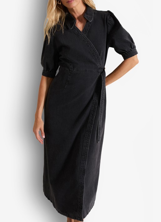 Phase Eight Senita midi wikeljurk van denim met gekleurde wassing - voorkant 3 donkergrijs