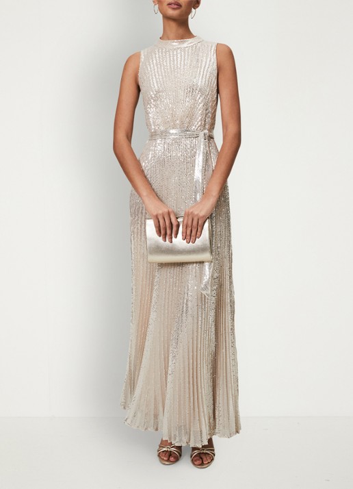 Phase Eight Simara maxi jurk met plooien en pailletten  - voorkant 7 okergeel