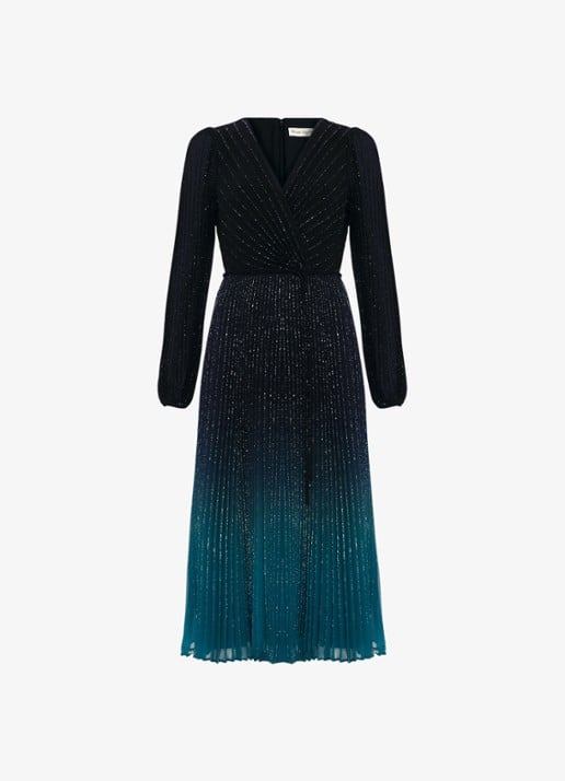 Phase Eight Simara midi jurk met strass en plooien - voorkant 2 donkerblauw