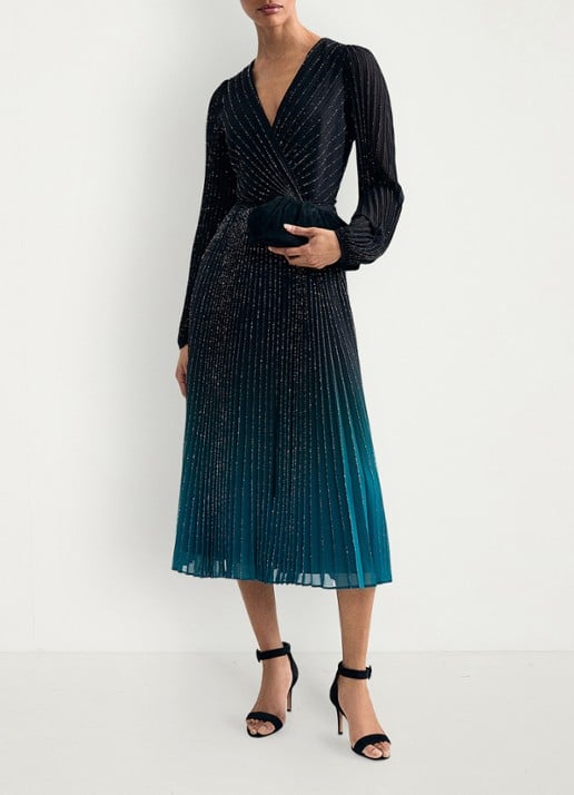 Phase Eight Simara midi jurk met strass en plooien - voorkant 3 donkerblauw