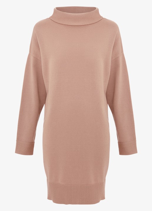 Phase Eight Skylar mini fijngebreide trui-jurk met opstaande kraag  - voorkant 2 camel
