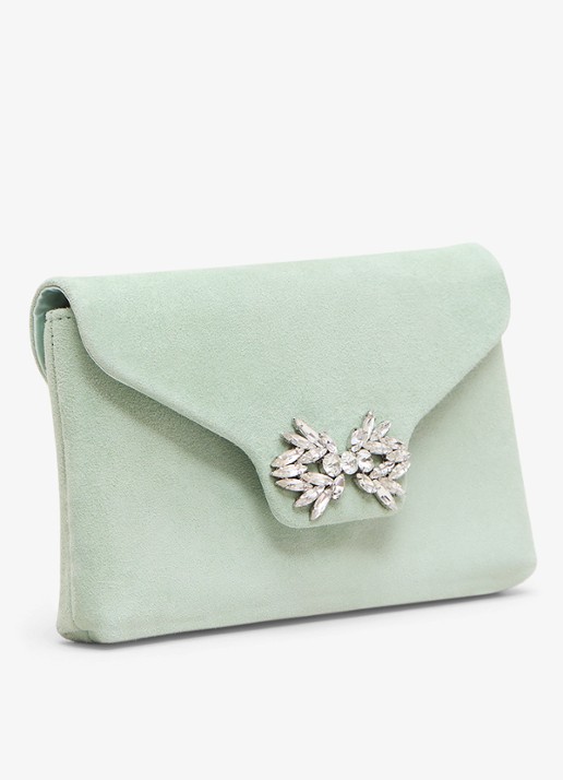 Phase Eight Sparkle clutch van suède met strass - voorkant 3 lindegroen