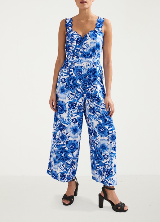 Phase Eight Tamzin wide fit cropped jumpsuit met bloemenprint en steekzakken - voorkant 2 blauw
