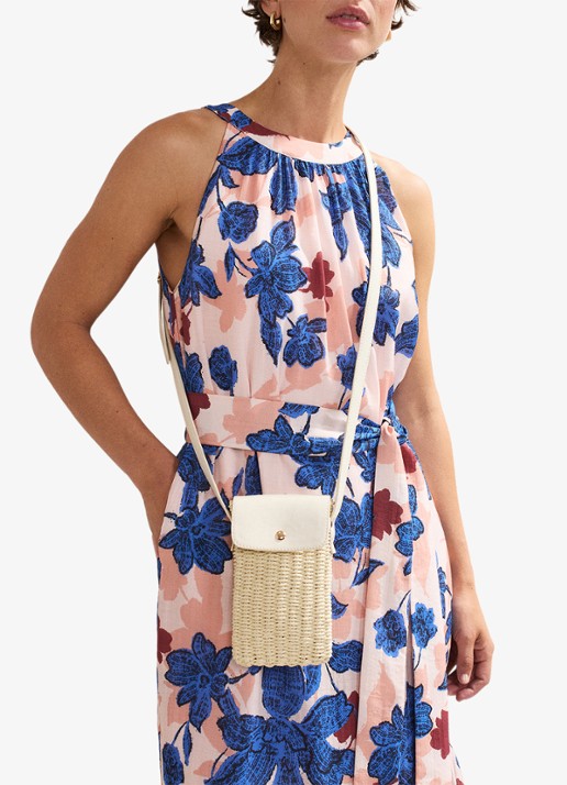 Phase Eight Telefoonhoesje van raffia met schouderriem - voorkant 7 khaki