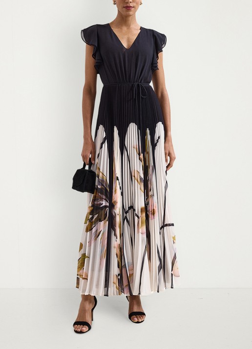Phase Eight Uma maxi jurk met V-hals en plooien - voorkant 2 zwart