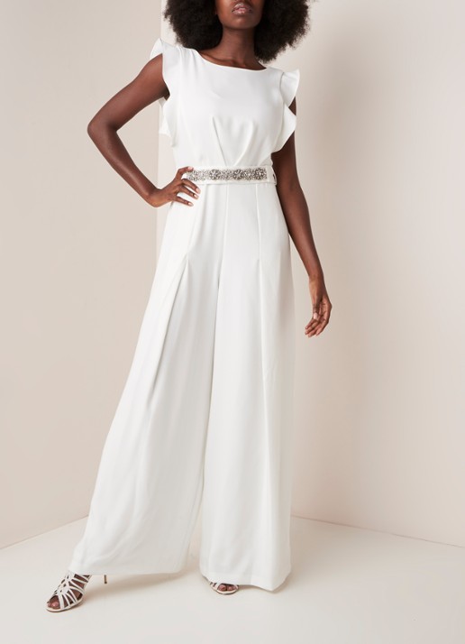 Phase Eight Victoriana bruids jumpsuit met strass-decoratie en strikceintuur - voorkant 4 ivoor