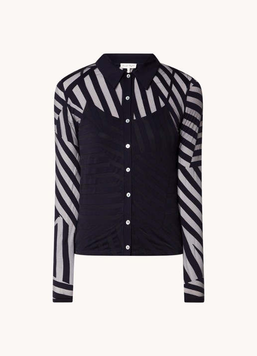 Phase Eight Vida Burnout semi-transparante top met knoopdetail en streepprint - voorkant donkerblauw