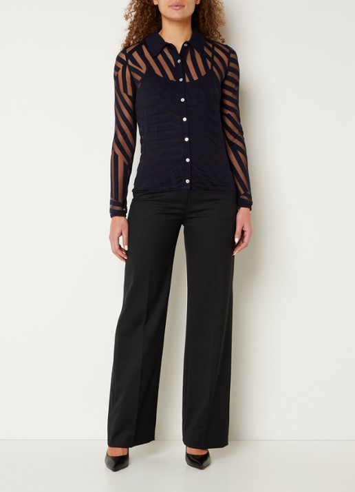 Phase Eight Vida Burnout semi-transparante top met knoopdetail en streepprint - voorkant 2 donkerblauw