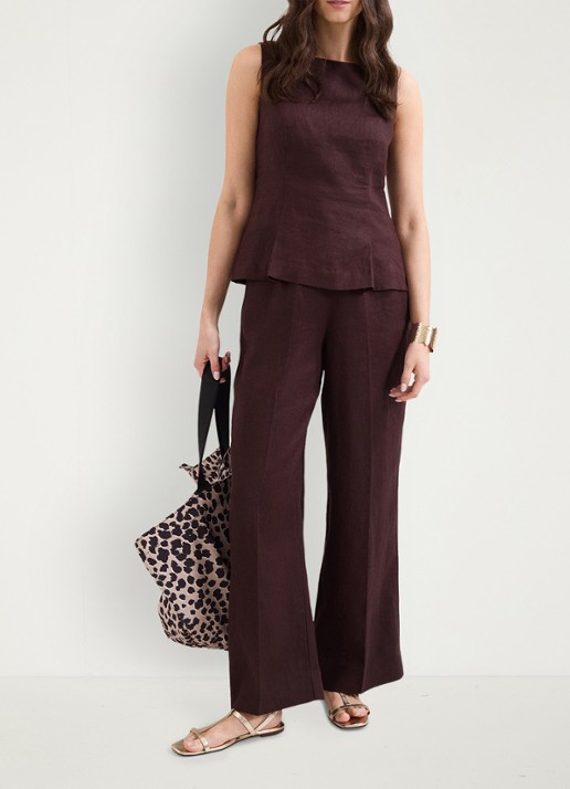 Phase Eight Zoey high waist wide fit pantalon van linnen - voorkant 2 donkerbruin