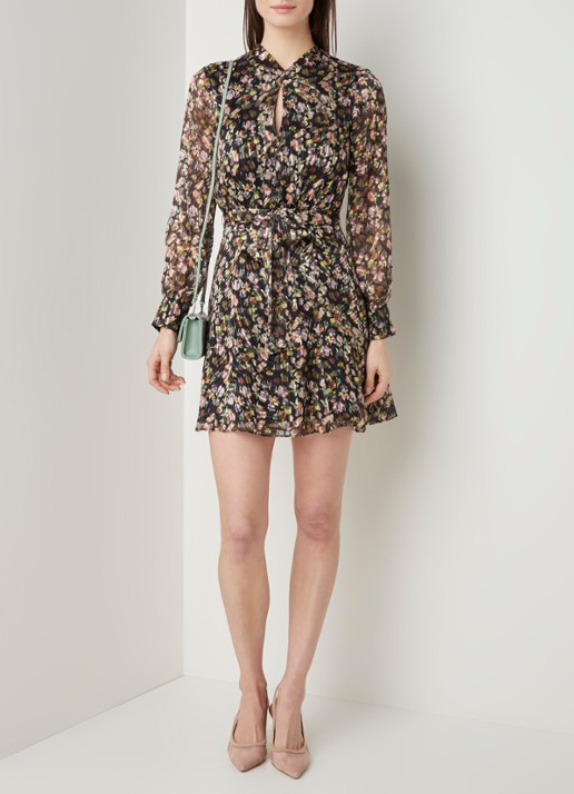 Phillippa mini jurk in zijdeblend met bloemenprint - voorkant 3 zwart