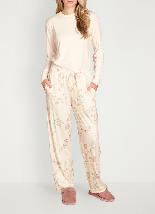 Pip Studio Belin Bodhi Flower pyjamabroek met bloemenprint - voorkant 4 gebroken wit