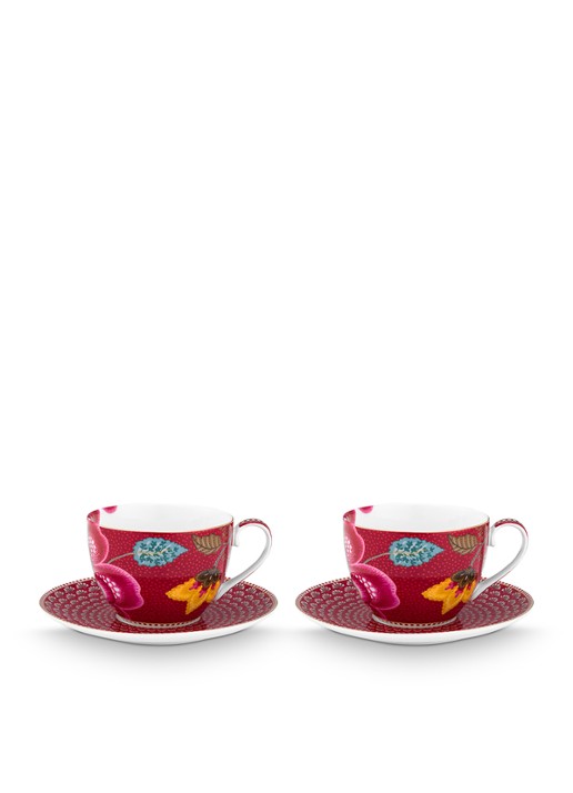 Pip Studio Blooming Tales Fantasy kop en schotel set van 2 - detail donkerrood