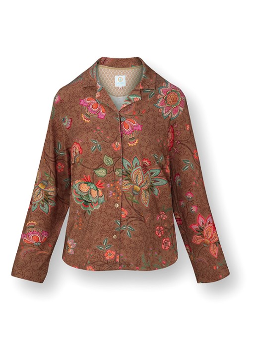 Pip Studio Faye Mumbai Morning pyjamatop met bloemenprint - voorkant 4 bruin