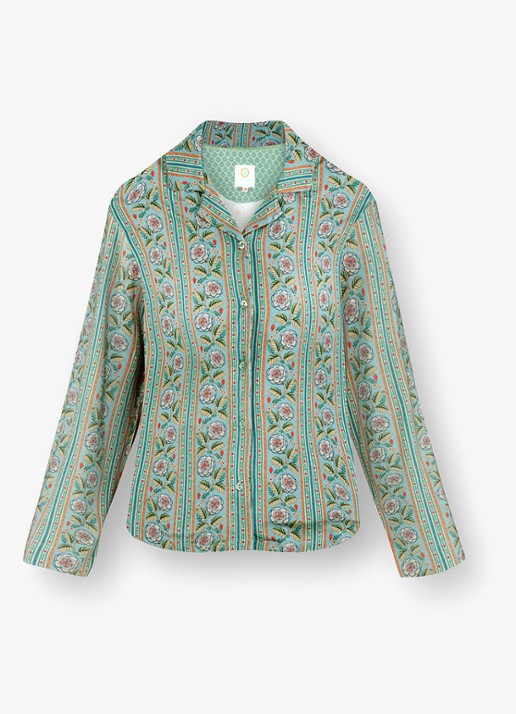 Pip Studio Faye Rosa Rani pyjamatop met bloemenprint - voorkant 4 turquoise