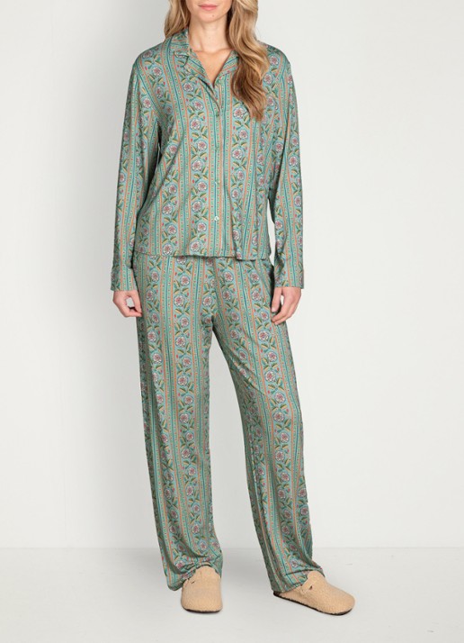 Pip Studio Faye Rosa Rani pyjamatop met bloemenprint - voorkant 5 turquoise